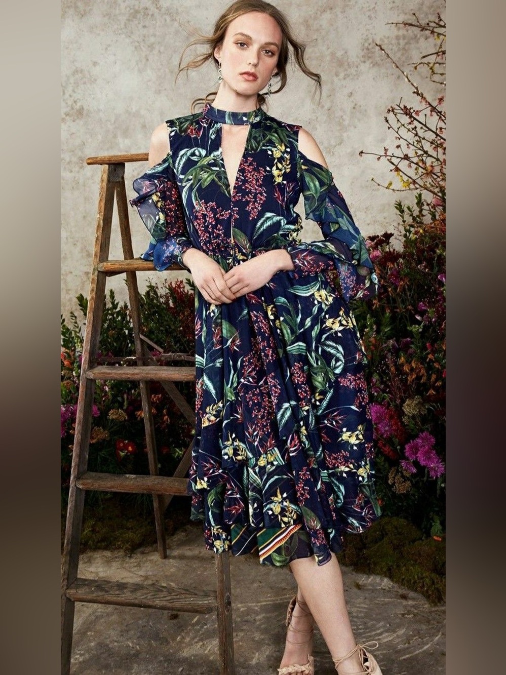 Marchesa Notte Floral Print Cold Shoulder Ruffle Midi Dress
